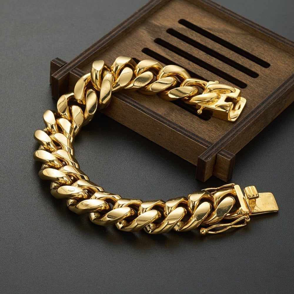Hot Stainless Steel Link Gold Miami Cuban Border Chain Men Women Jewelry Necklace Or Gift Bracelet