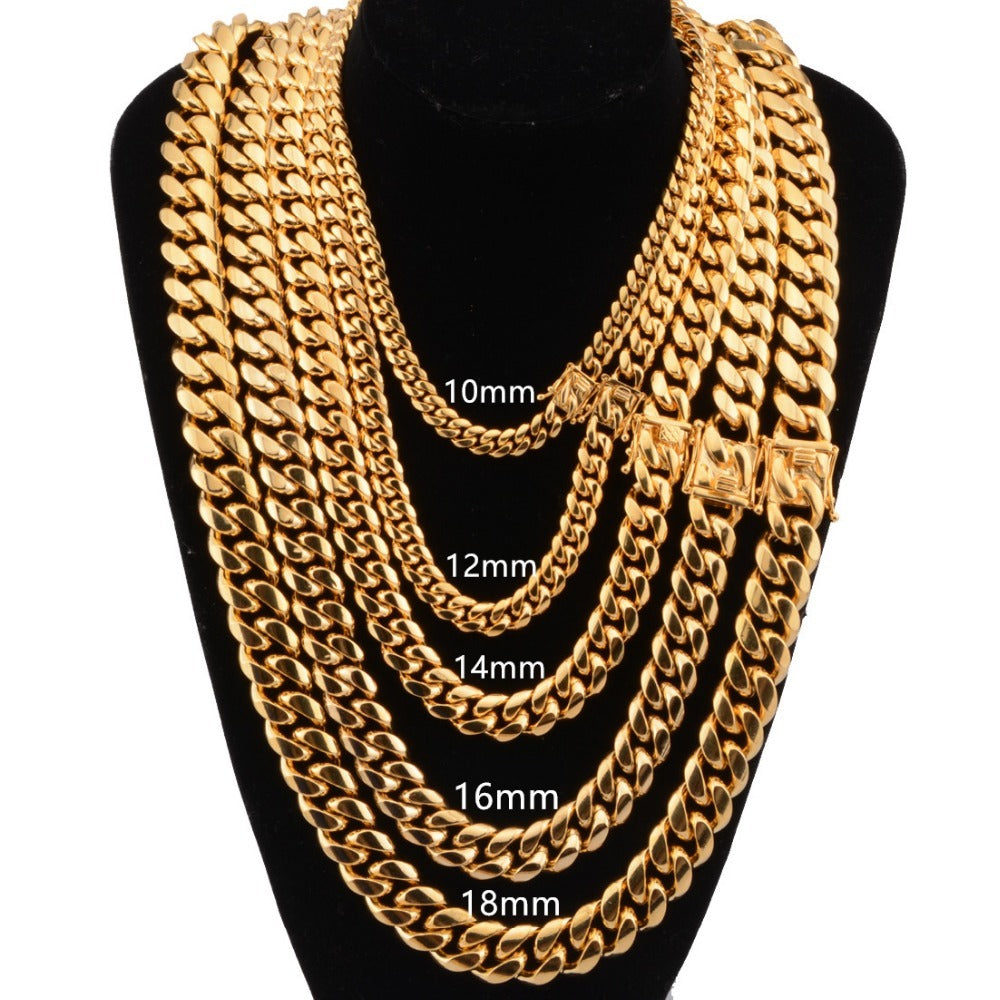 Hot Stainless Steel Link Gold Miami Cuban Border Chain Men Women Jewelry Necklace Or Gift Bracelet
